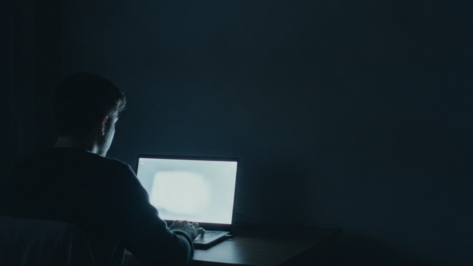 A person reviewing a website on a laptop at night.