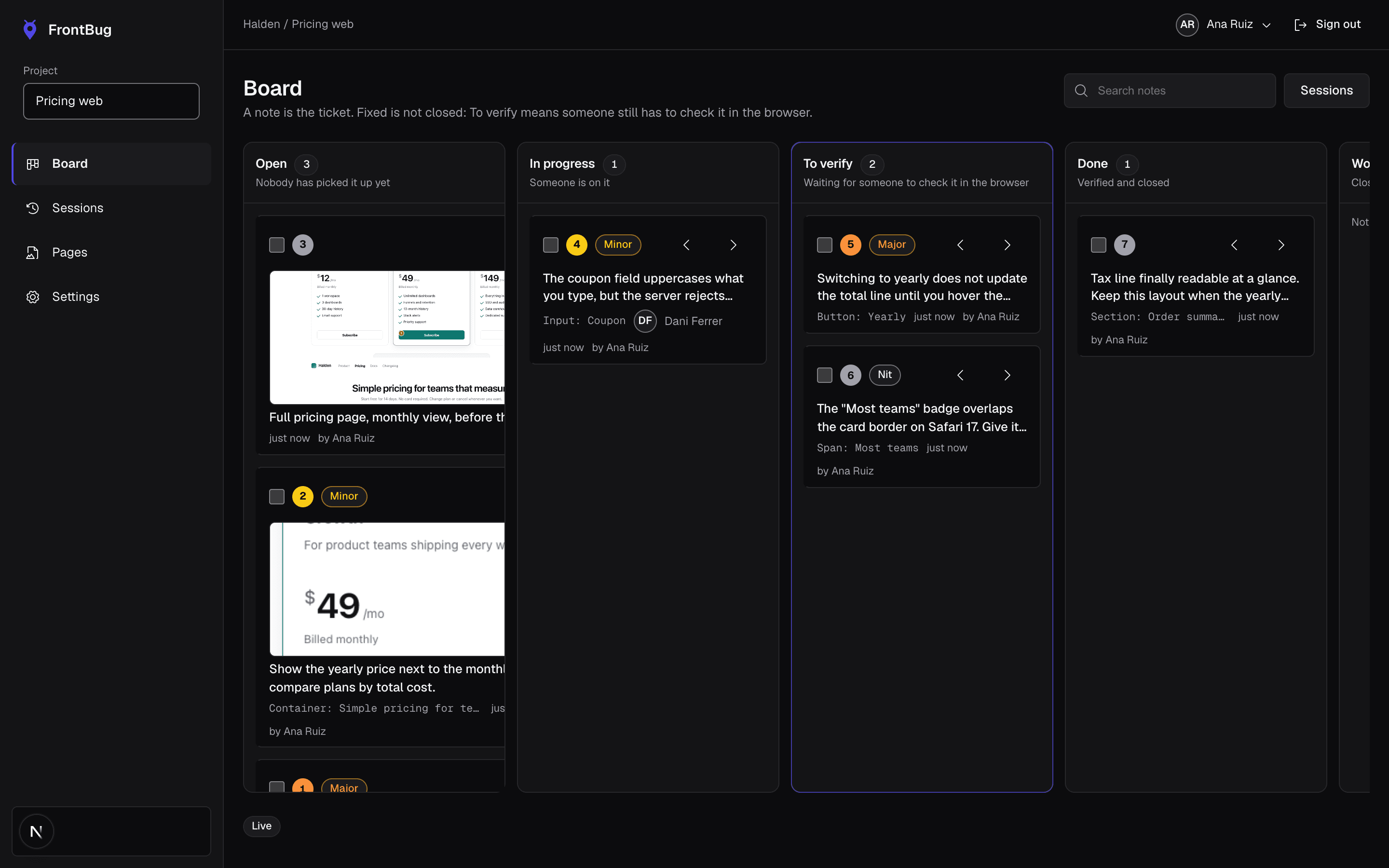 El tablero del equipo en el hub: notas como tarjetas en Open, In progress, To verify y Done, cada una con su captura, componente y responsable.