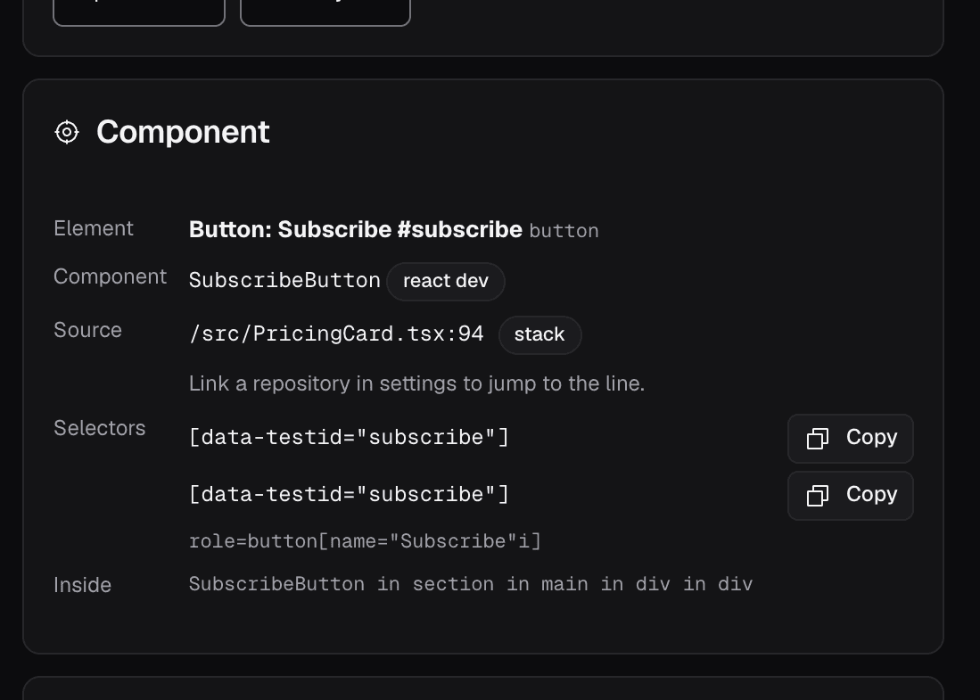 El bloque de componente de una nota real: elemento Button Subscribe, componente SubscribeButton en una compilación de desarrollo de React, origen /src/PricingCard.tsx línea 94, y dos selectores verificados.