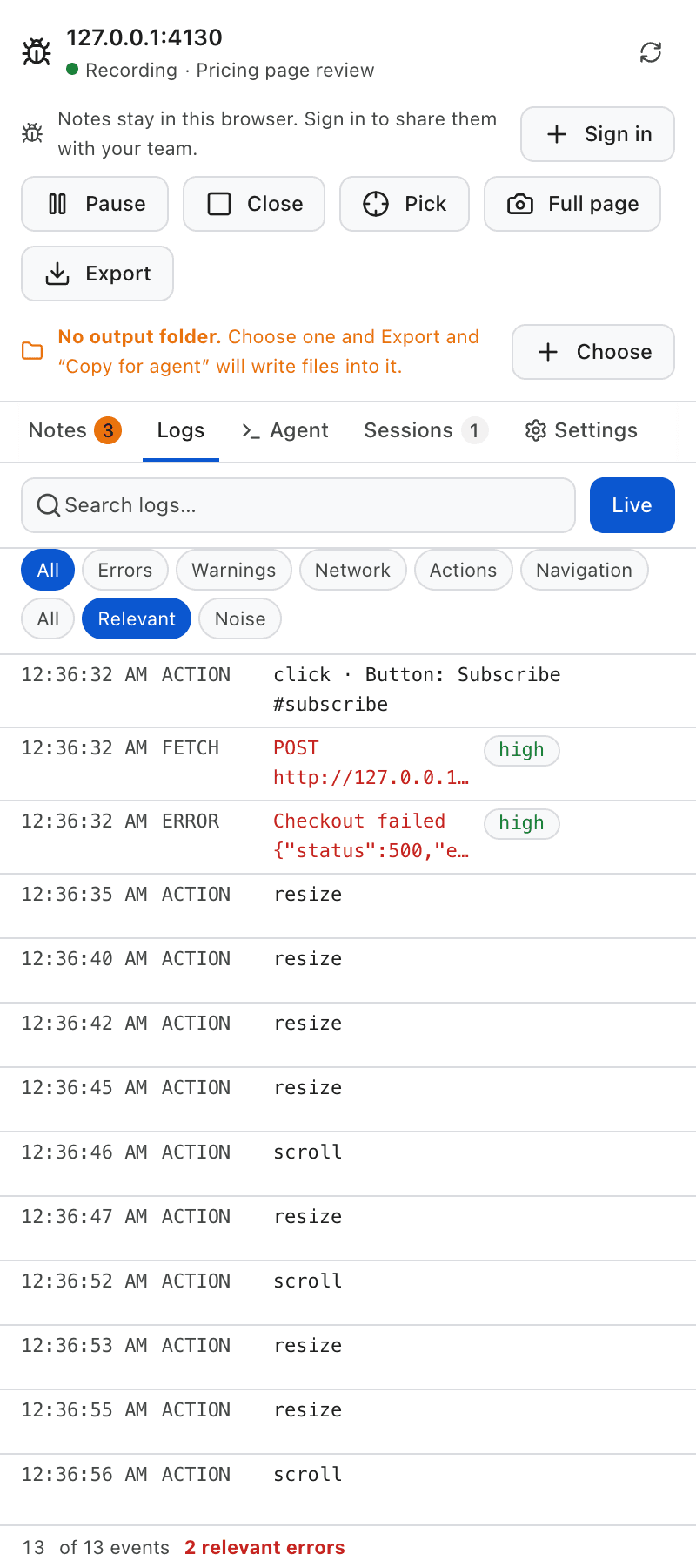 La pestaña de registros: el clic en Subscribe, después un POST al endpoint de pago y un error Checkout failed, los dos marcados como altos, y debajo el ruido de resize y scroll.